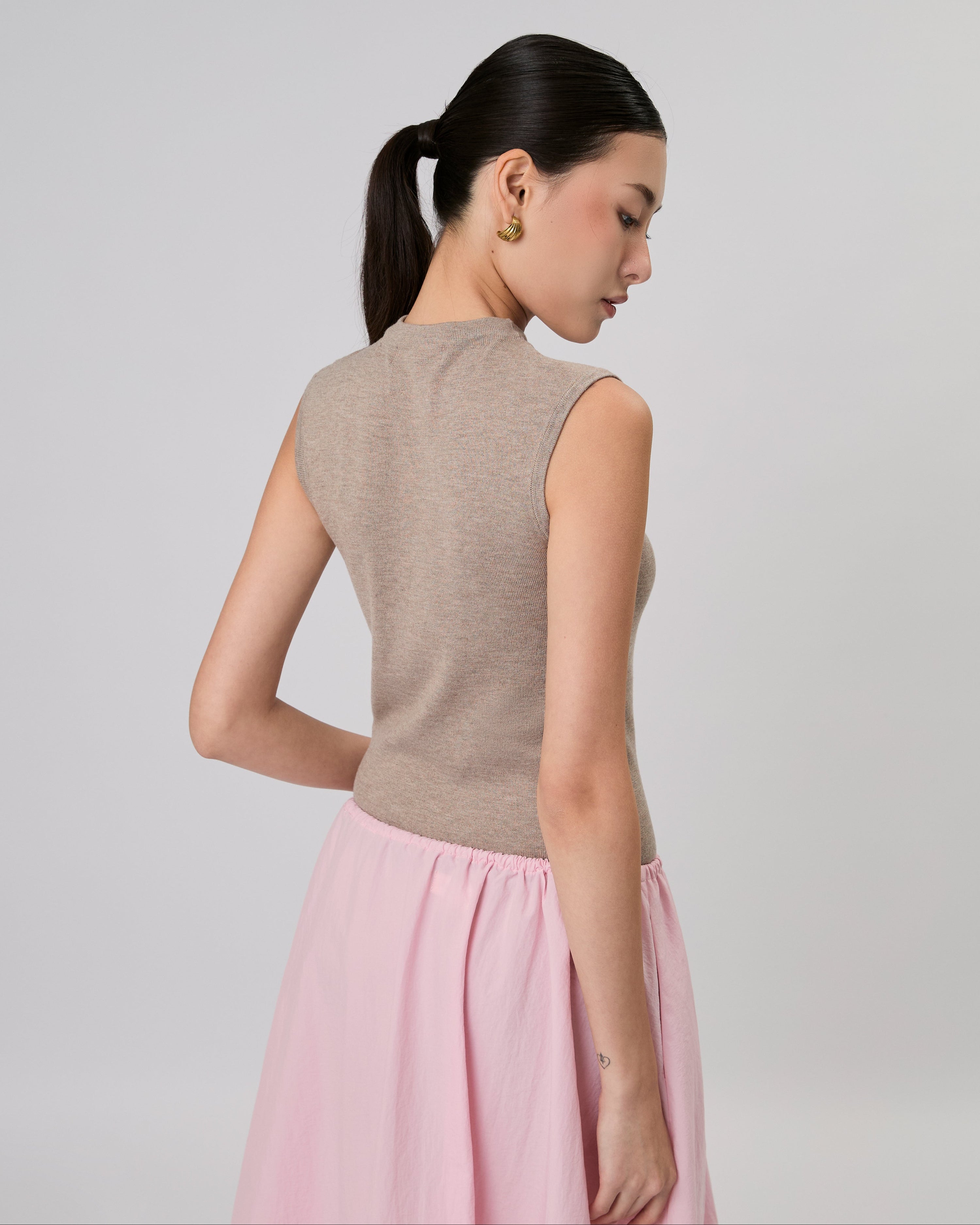 New Urban Drop - Cashmere High Neck Sleeveless Top in Taupe