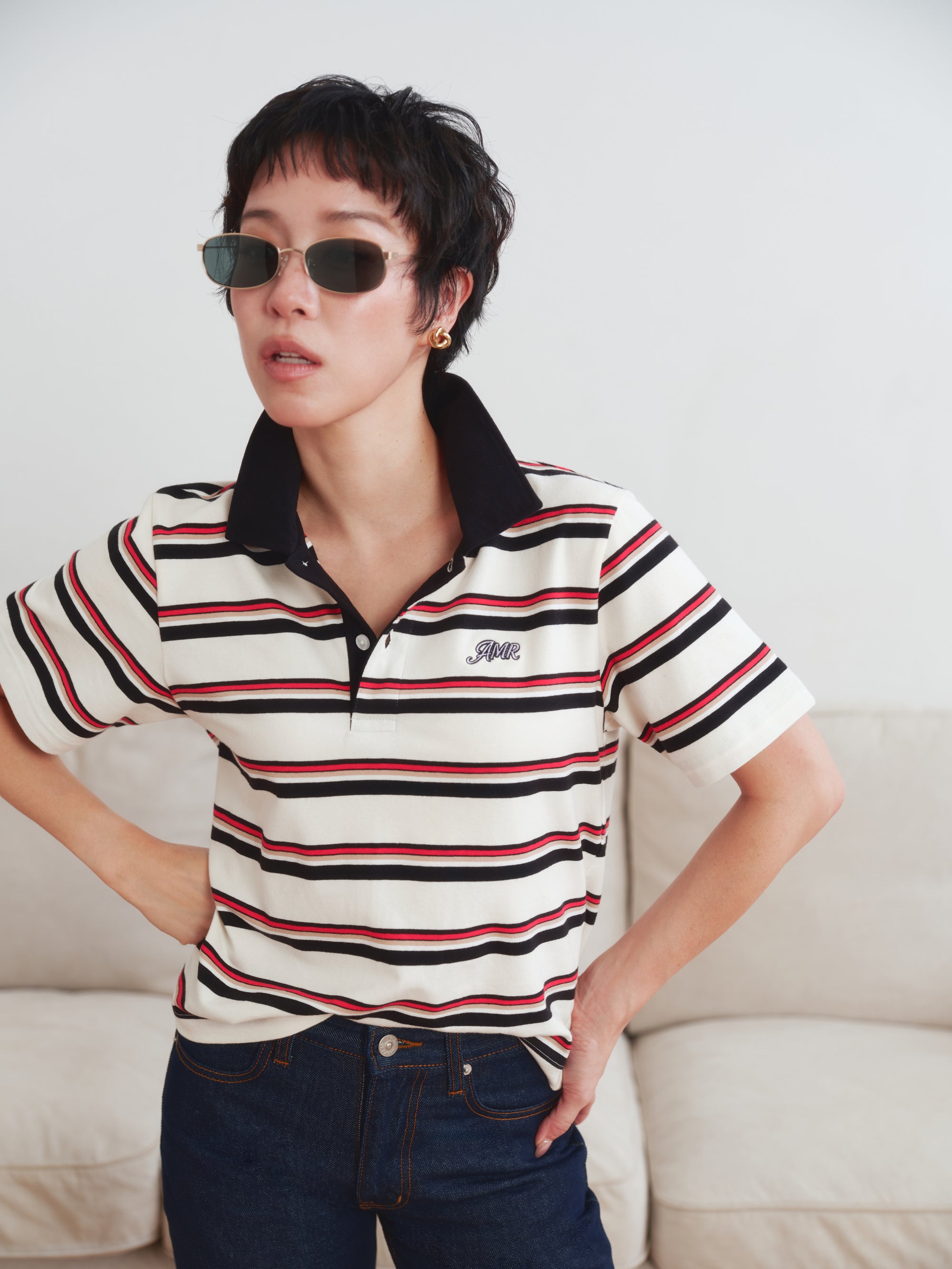 En Couleurs - AMR Regular Fit Polo Top in Ivory Burgundy Stirpe
