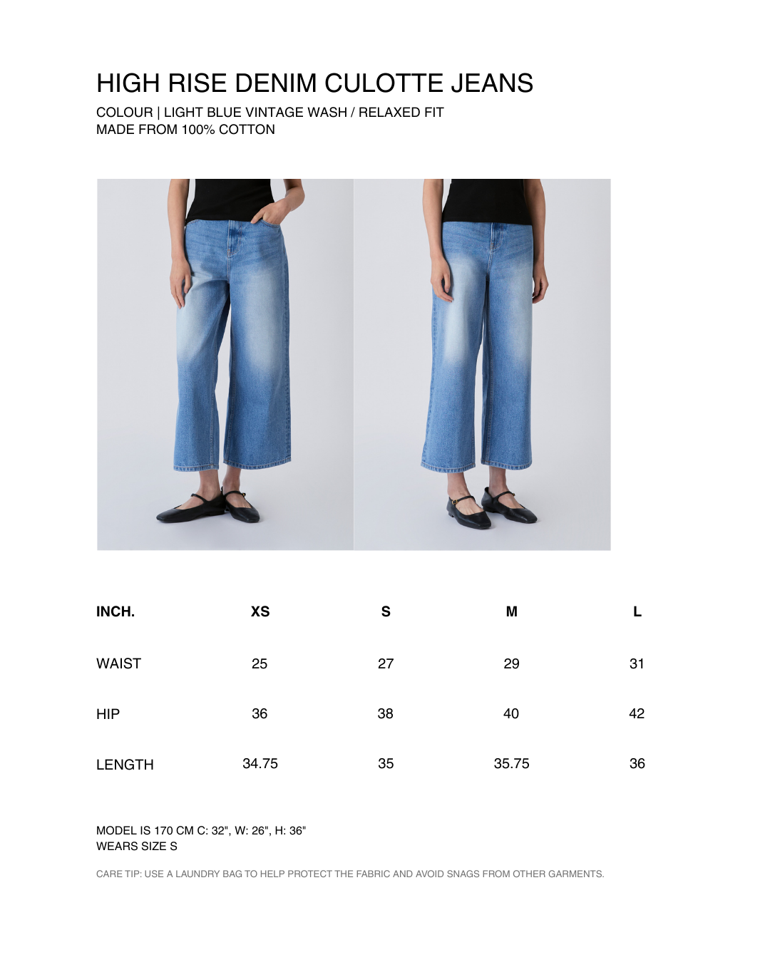 Découvrir - High Rise Denim Culotte Jeans in Light Blue Vintage Wash