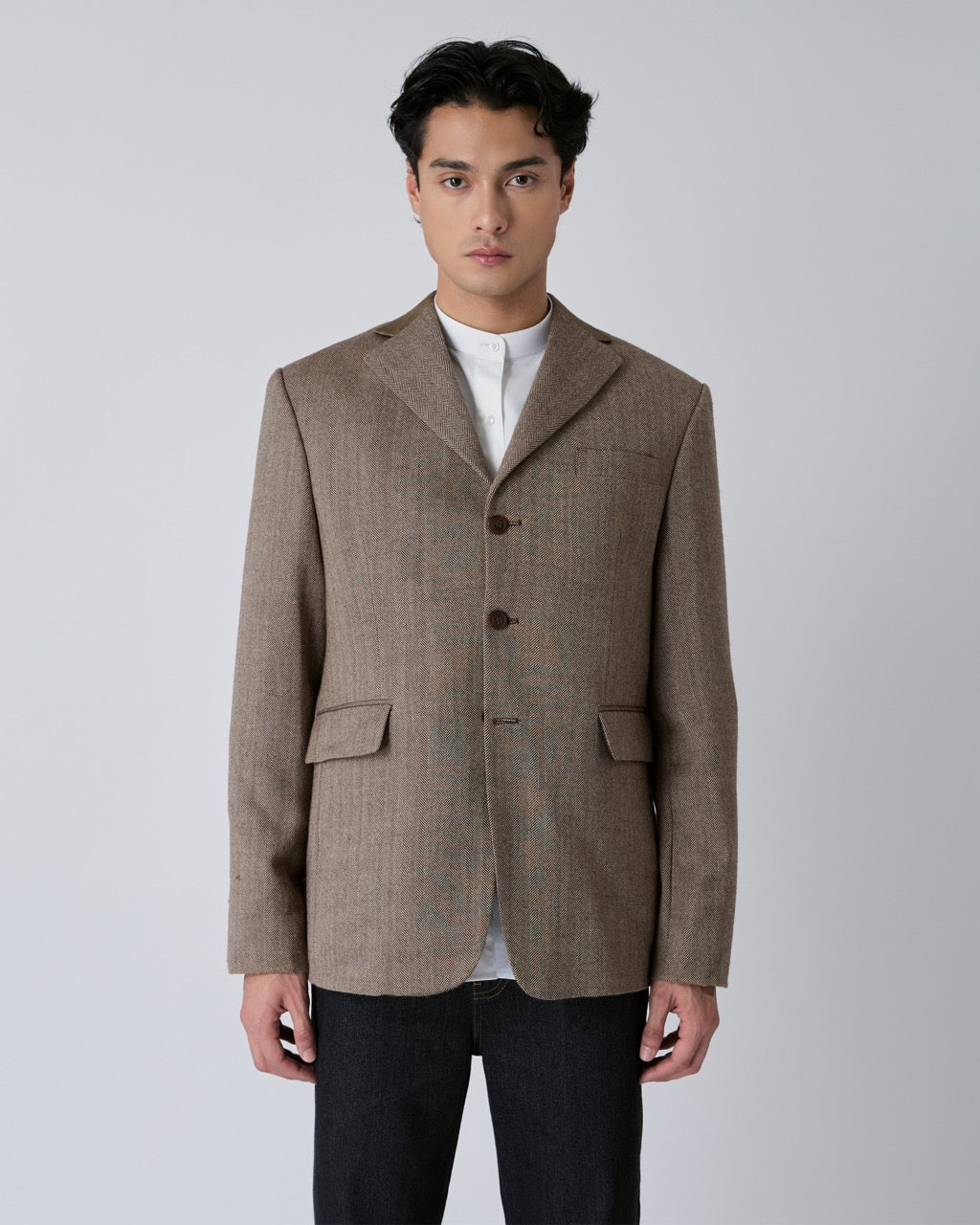 Découvrir - Wool Blazer with Denim Collar in Dark Brown