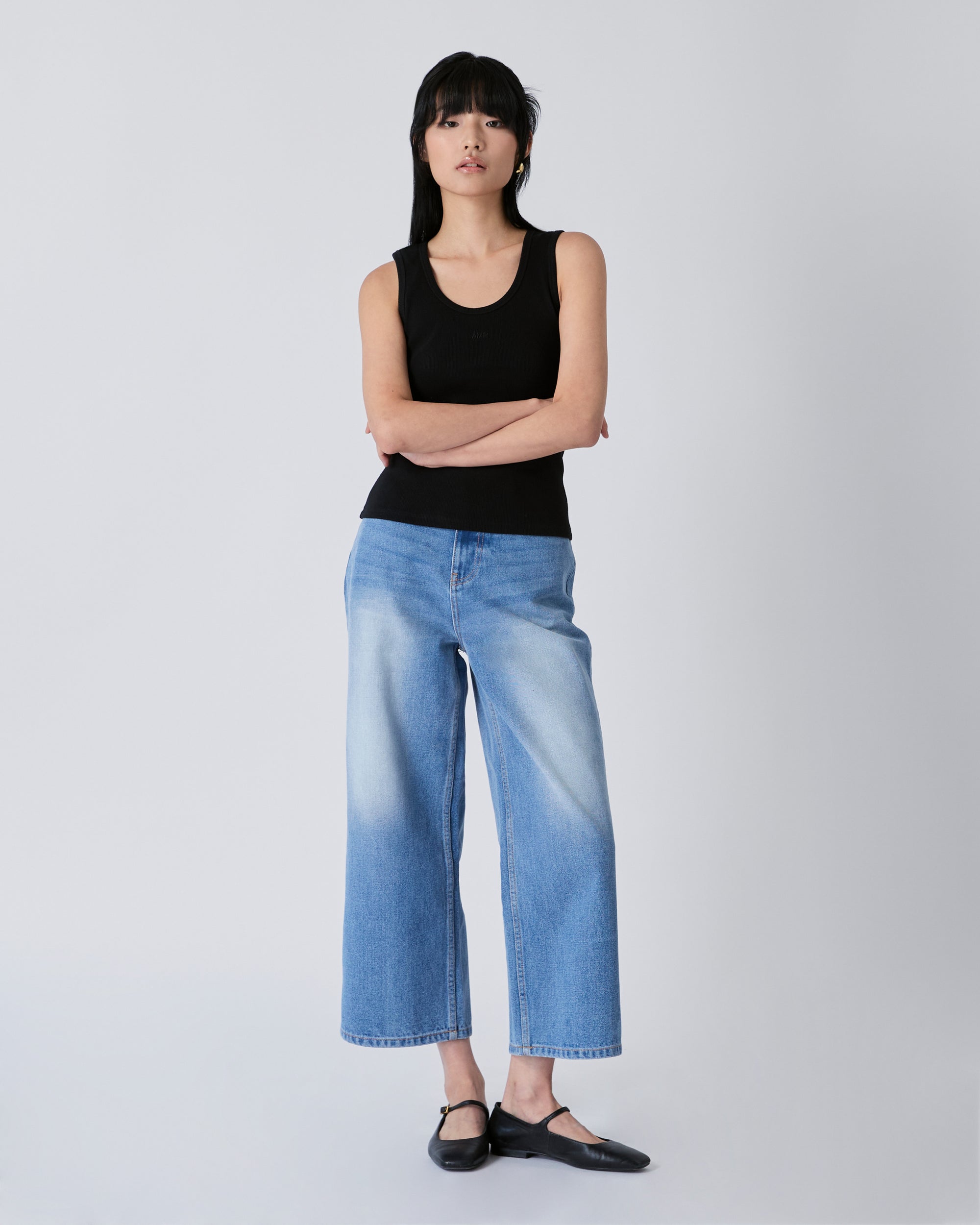 Découvrir - High Rise Denim Culotte Jeans in Light Blue Vintage Wash