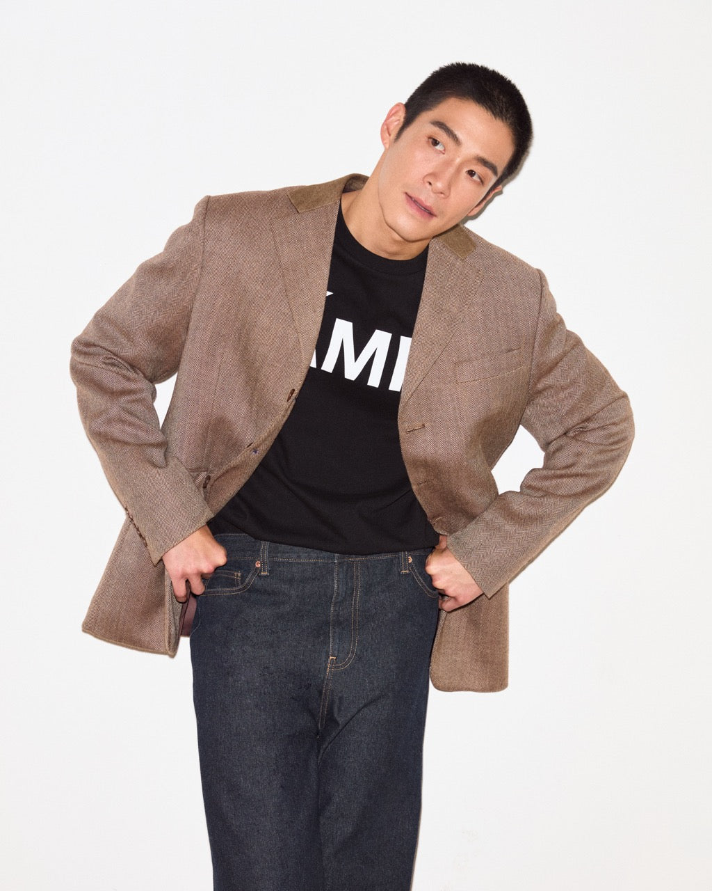 Decouvrir - Wool Blazer with Denim Collar in Dark Brown
