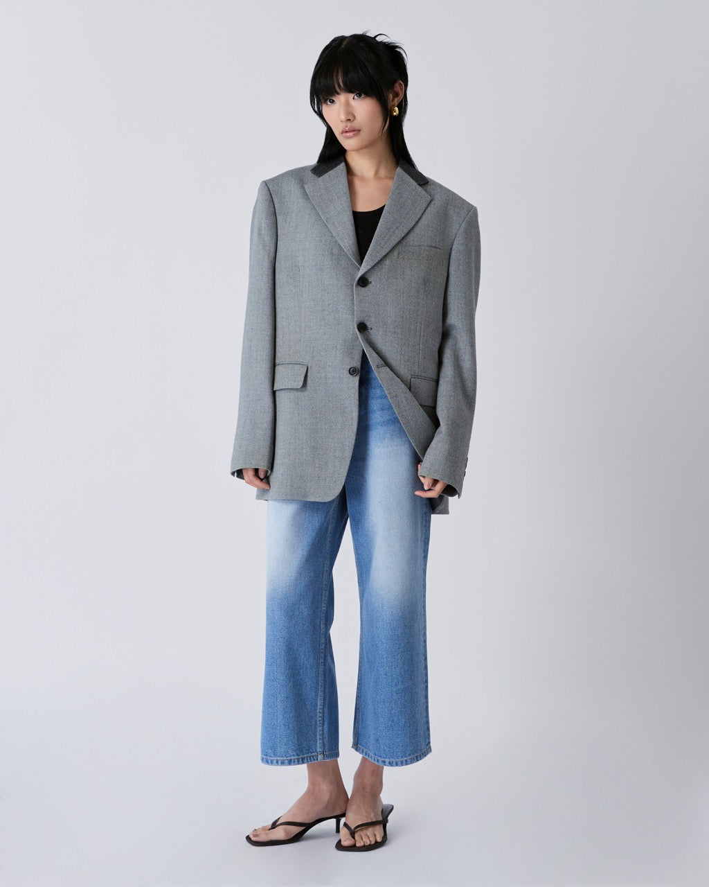 Decouvrir - Wool Blazer with Denim Collar in Black