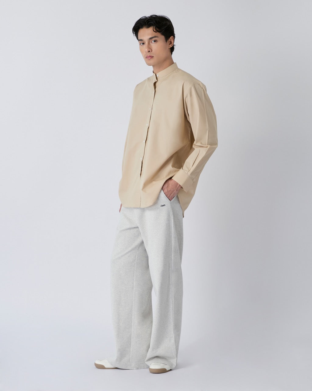 Découvrir - Monk Collar Cotton Shirt in Beige